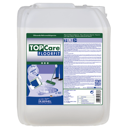 Un grand conteneur en plastique blanc Dr. Schnell TOPCARE FLOORFIT de DR.SCHNELL GmbH & Co. KGaA avec une étiquette bleu-vert contenant des informations sur le produit, des instructions, des symboles et l'image d'une serpillère avec un sol brillant pour des résultats sans traces.