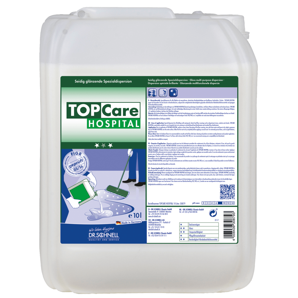 Ein 10-Liter-Kanister der Dr. Schnell TOPCARE HOSPITAL Gebäudereinigung Spezialdispersion der DR.SCHNELL GmbH & Co. KGaA, ideal für die Krankenhausreinigung, mit blau-grünem Etikett und Gebrauchsanweisung sowie einer Abbildung von Mopp und Eimer.