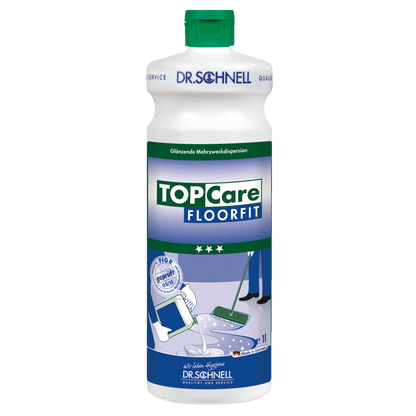 Une bouteille blanche de 1 litre de DR.SCHNELL GmbH & Co. KGaA Dr. Schnell TOPCARE FLOORFIT avec bouchon vert et étiquette avec motifs de serpillère et de comprimés, texte allemand, est idéale pour le nettoyage professionnel des sols sans traces comme solution polyvalente.