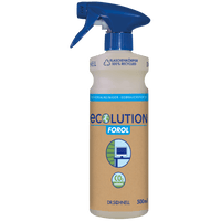 La Dr. Schnell Le vaporisateur à main ECOLUTION vide de 500 ml de la société DR.SCHNELL GmbH & Co. KGaA est fabriqué à partir de plastique 100 % recyclé ; doté d'une tête de pulvérisation bleue et d'une étiquette marron comportant des icônes environnementales, il est particulièrement respectueux de l'environnement.