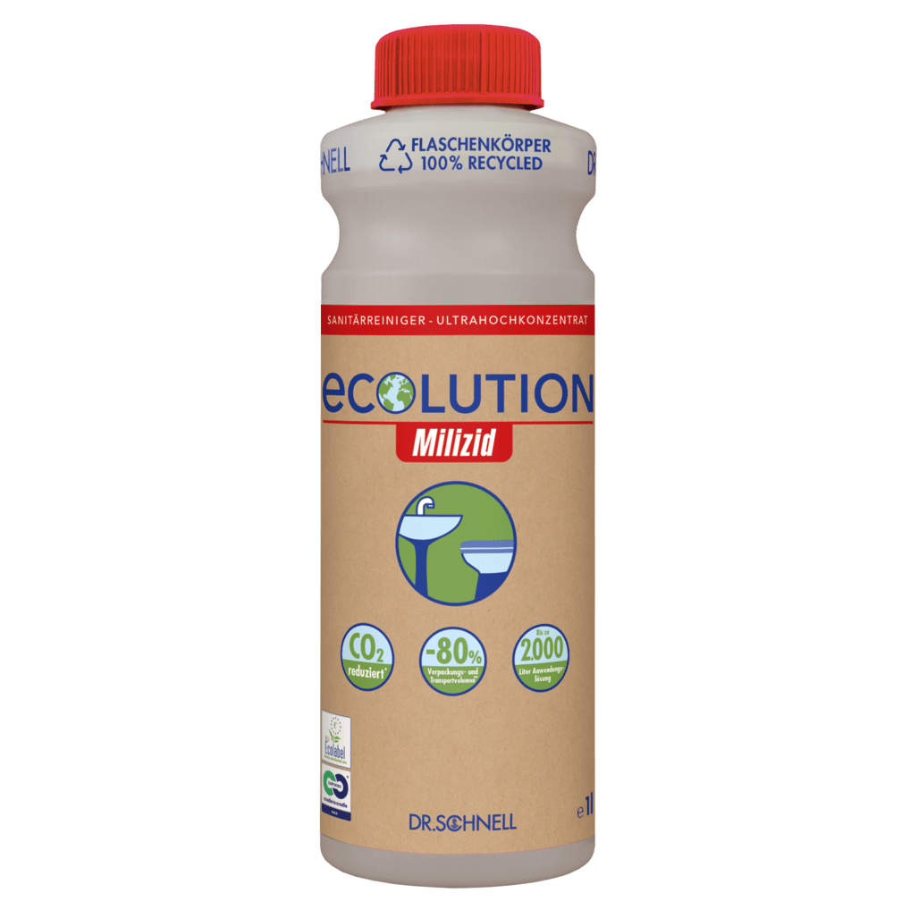 Eine 1L-Flasche Dr. Schnell ECOLUTION MILIZID Ultrahochkonzentrat Sanitärreiniger und Kalklöser ist mit Öko-Symbolen - 100% recycelt, CO₂-reduziert, 80% weniger Plastik - der DR.SCHNELL GmbH & Co. KGaA, mit einer roten Kappe.