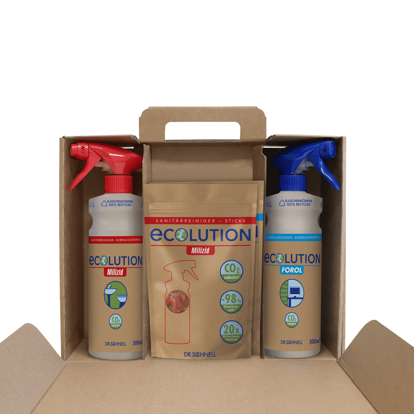 Das Dr. Schnell ECOLUTION Starterkit der DR.SCHNELL GmbH & Co. KGaA enthält Sprühflaschen und FOROL & MILIZID Sticks (450 g) in einer Box - eine umweltfreundliche Reinigungslösung mit CO2-Reduktionsvorteilen.