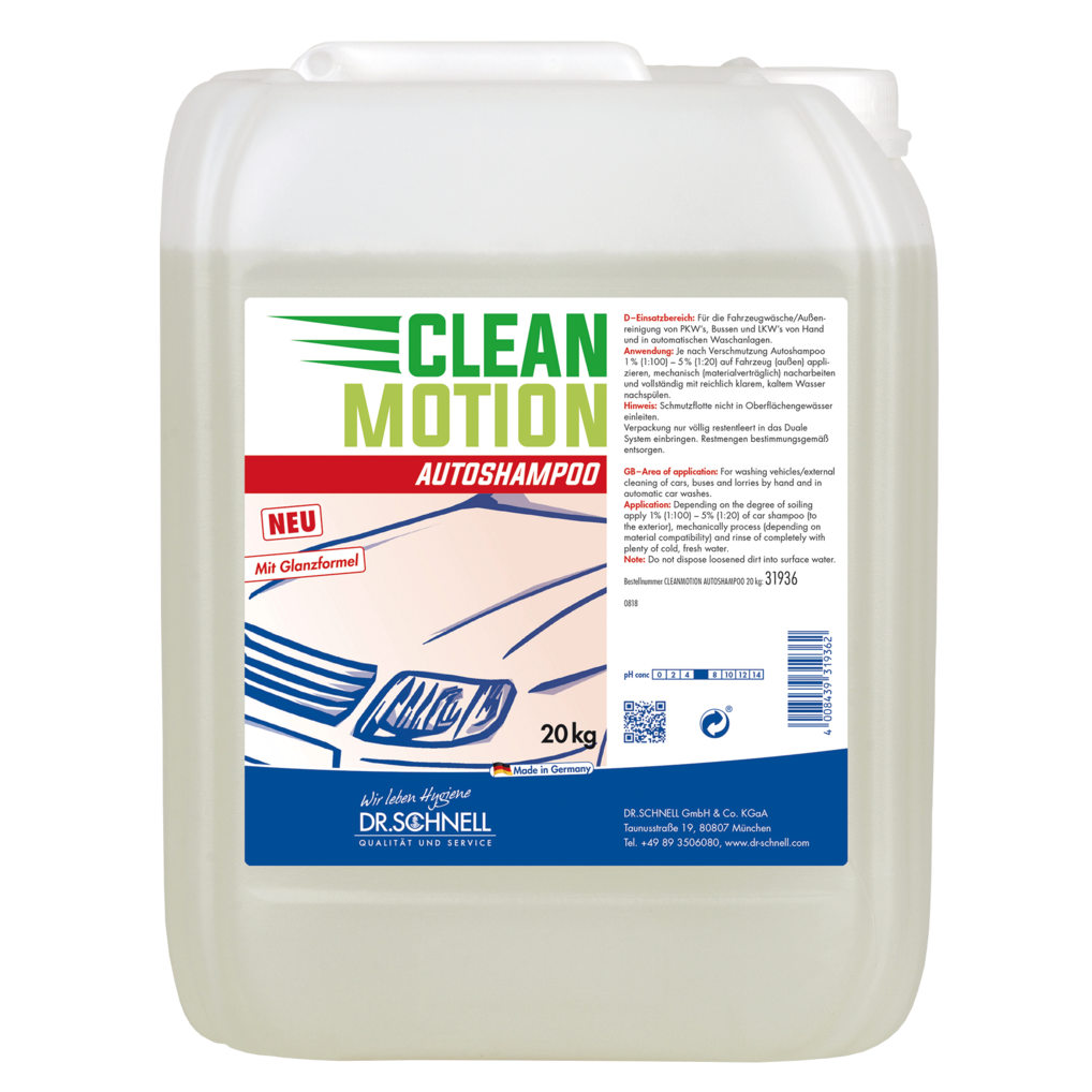 Ein 20-kg-Kunststoffbehälter von Dr. Schnell CLEANMOTION AUTOSHAMPOO der DR.SCHNELL GmbH & Co. KGaA, mit weißem Deckel und deutschem Etikett mit Auto-Motiv. Die hellgelbe Flüssigkeit sorgt für eine effektive Fahrzeugreinigung für Profis.