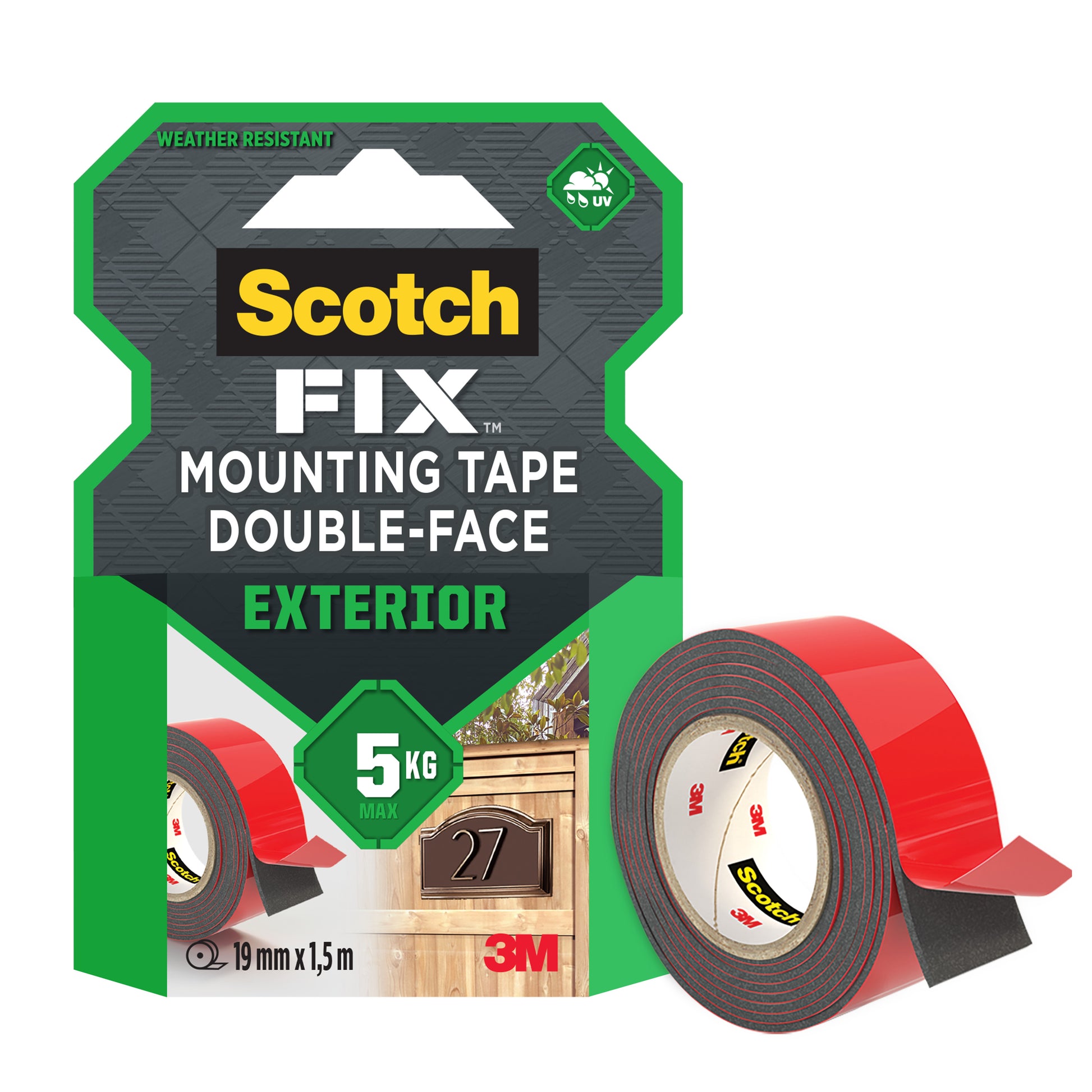 Eine Packung 3M Deutschland GmbH Scotch-FIX™ Exterior Double-Sided Mounting Tape 5412-1915-P (19 mm x 1,5 m, 1 Rolle), mit Witterungsbeständigkeit, bis zu 5 kg Halt und sichtbarem 3M Logo.