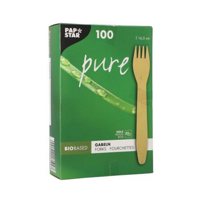 Une boîte pliable verte de PAPSTAR GmbH avec l'inscription "Fourchettes en bois pure" contient 100 fourchettes en bois écologiques et stables (16,5 cm), avec une image de fourchette et de tige de plante sur le devant.
