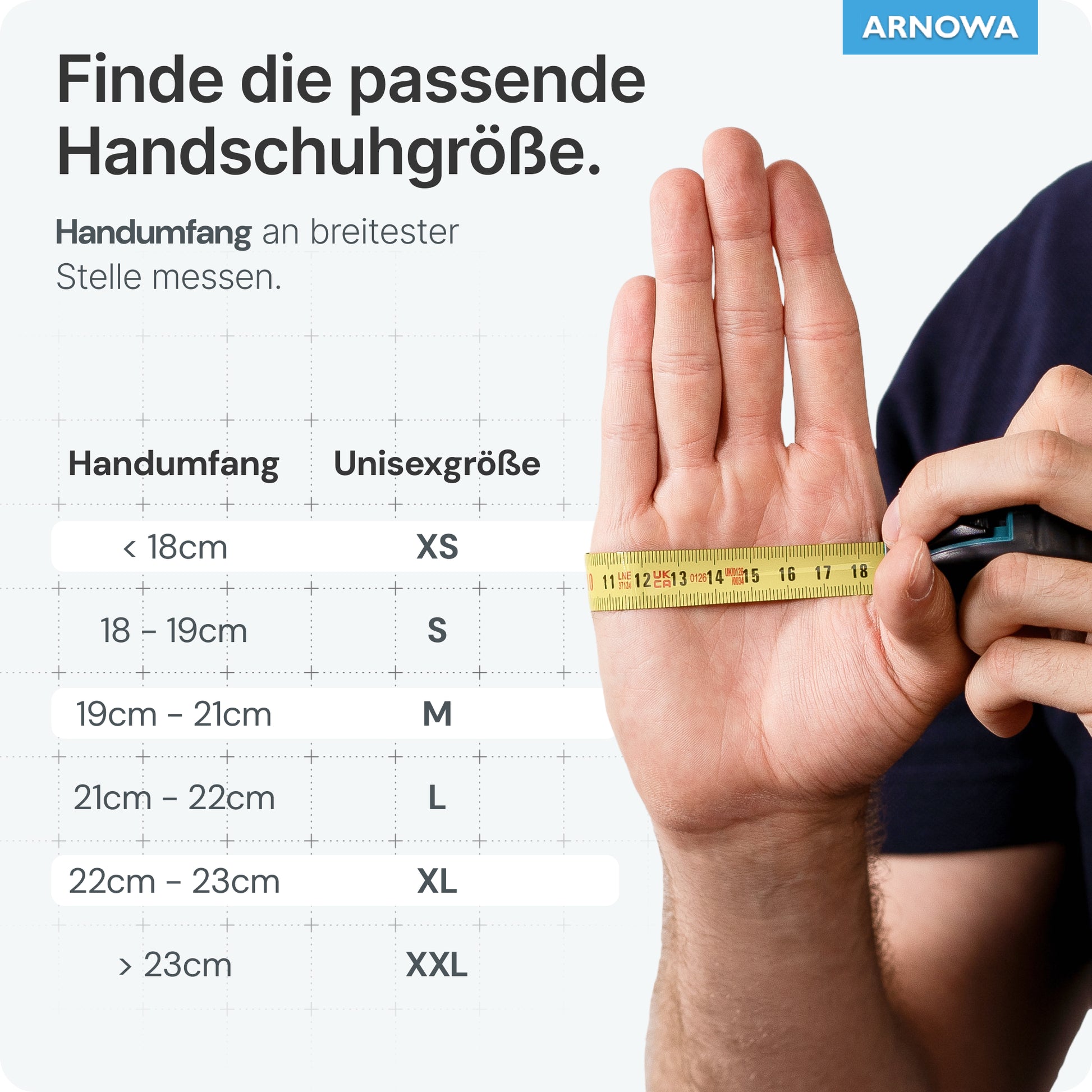 Eine Hand wird an ihrer breitesten Stelle mit einem gelben Band neben einer deutschen Größentabelle für ARNOMED NITRIL BLUE Reißfeste Einmalhandschuhe aus Nitril in Blau von ARNOWA GmbH-Latexfreie Handschuhe in den Größen XS (<18 cm) bis XXL (>23 cm) gemessen.