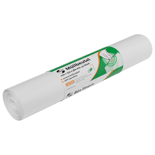 Eine weiße Rolle Müllbeutel der EMIL DEISS KG ist mit einem grün-weißen Etikett mit deutschen und englischen Angaben, der Größe 270+270x580 mm, der Abbildung einer Mülltonnenauskleidung und dem Produktnamen DEISS 36003 Rolle (50 Stück) zur Qualitätssicherung versehen.