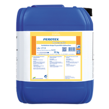 Ein großer blauer Kunststoffbehälter mit schwarzem Deckel und der Aufschrift "Dr. Schnell PEROTEX INTENSIV Geschirrreiniger für gewerbliche Spülmaschinen" der DR.SCHNELL GmbH & Co. KGaA, fasst 25 kg und ist mit einem Gefahrenhinweis in deutscher Sprache versehen.