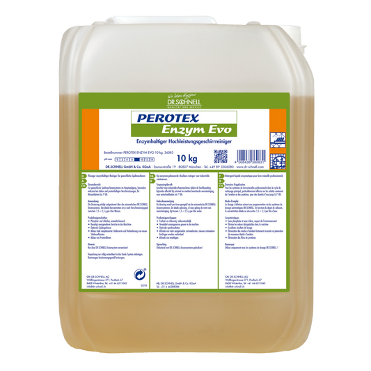 Ein 10 kg transparentes Gebinde von Dr. Schnell PEROTEX ENZYM EVO von DR.SCHNELL GmbH & Co. KGaA, ein enzymatischer Reiniger für den professionellen Einsatz, ist mit einem grün-weißen Etikett mit Hinweisen und Produktangaben sowie einem weißen Deckel versehen.