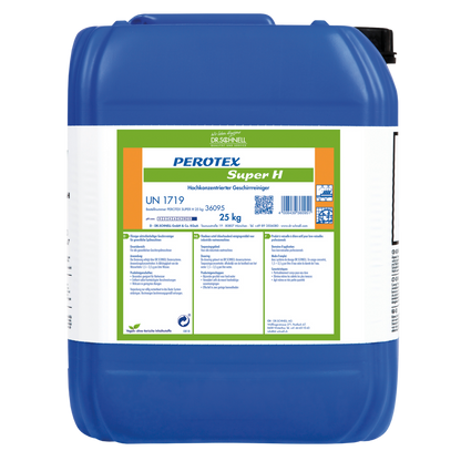 Ein großer blauer Kunststoffbehälter mit weißem Etikett trägt die Aufschrift "Dr. Schnell PEROTEX SUPER H" von DR.SCHNELL GmbH & Co. KGaA, Sicherheitshinweise und eine Gebrauchsanweisung. Dieser 25-kg-Reiniger ist für den professionellen Gebrauch bestimmt.