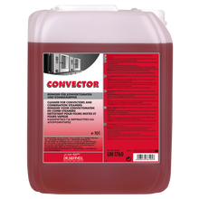 Ein 10-Liter-Kanister Dr. Schnell CONVECTOR Küchen- und Lebensmittelhygiene Reiniger für Heißluftdämpfer von DR.SCHNELL GmbH & Co. KGaA, mit mehrsprachigem Etikett mit Hinweisen und Sicherheitshinweisen.