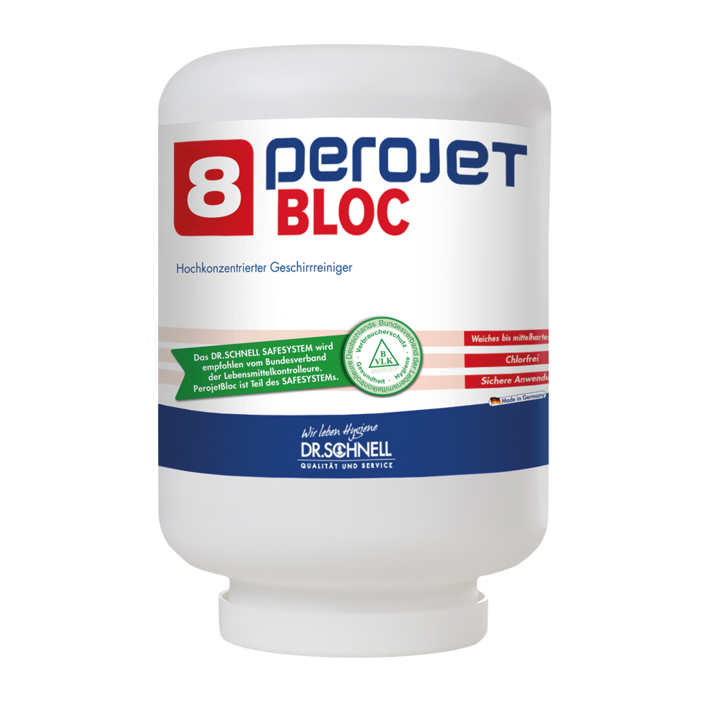 Ein weißer Behälter der DR.SCHNELL GmbH & Co. KGaA PEROJET BLOC 8 Geschirrreiniger für gewerbliche Spülmaschinen, ökologisch (4 kg Kartusche) mit einem rot-blauen Etikett und Produktangaben in deutscher Sprache auf der Vorderseite.