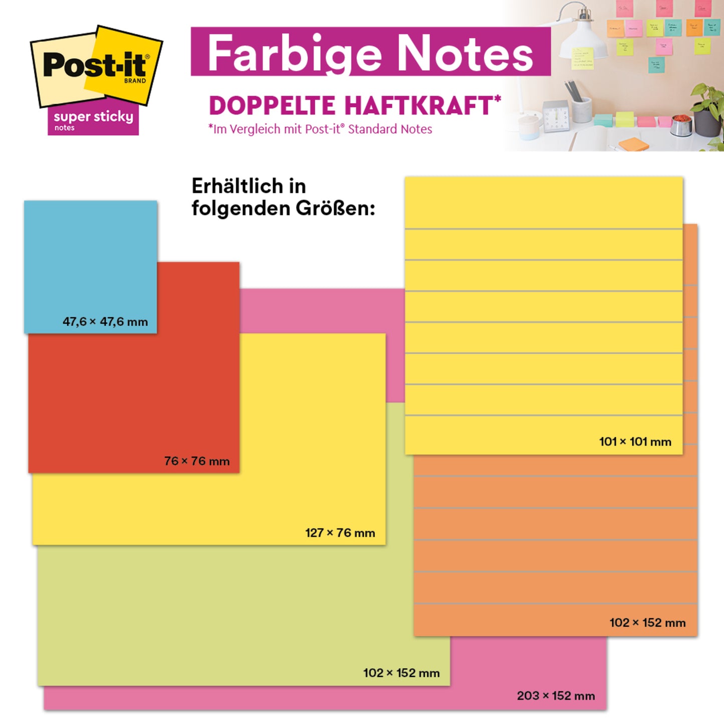 Une sélection de Post-it® Super Sticky Notes grand format de 3M Deutschland GmbH, Boost Collection, lignés (101x152 mm, 45 feuilles/bloc, 3 blocs/paquet, 100% PEFC), est montrée avec des notes lignées sur un bureau en arrière-plan.