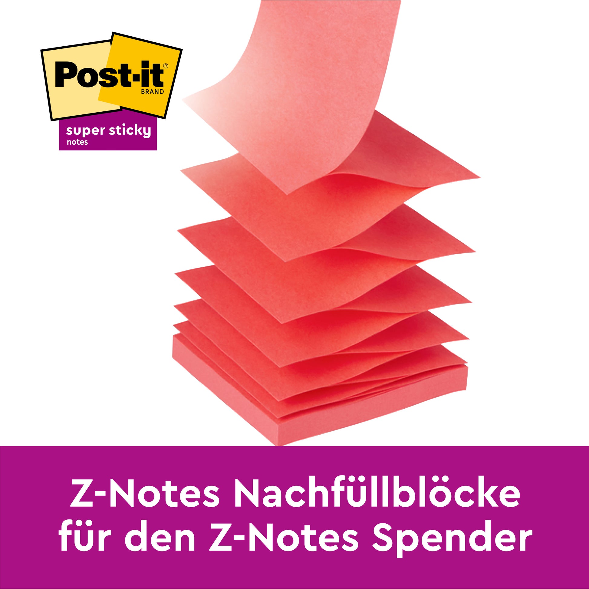 Ein Stapel von 3M Post-it® Super Sticky Z-Notes in verschiedenen Farben (76x76 mm, 90 Blatt/Block, 20+4 gratis/Packung) wird aufgefächert. Das Post-it-Logo erscheint oben links; ein lilafarbenes Banner darunter informiert über Z-Notes-Nachfüllpackungen für Spender in deutscher Sprache.