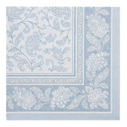 Les PAPSTAR 50 serviettes "ROYAL Collection" (40 x 40 cm, bleu) de PAPSTAR GmbH se distinguent par un design paisley et floral bleu et blanc élaboré avec une bordure décorative, ajoutant une touche d'élégance à toute table dressée.