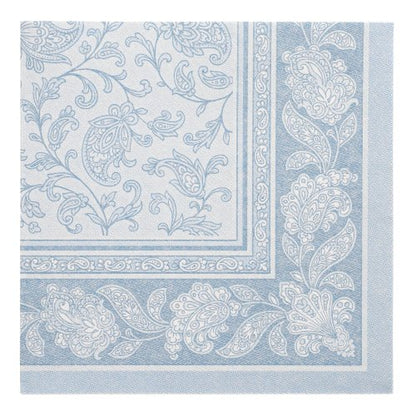 Les PAPSTAR 50 serviettes "ROYAL Collection" (40 x 40 cm, bleu) de PAPSTAR GmbH se distinguent par un design paisley et floral bleu et blanc élaboré avec une bordure décorative, ajoutant une touche d'élégance à toute table dressée.