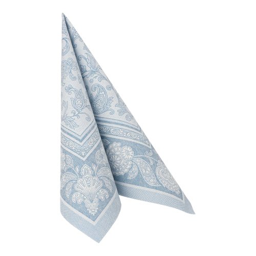 Une serviette bleue à motifs de la "ROYAL Collection" de PAPSTAR GmbH (40 x 40 cm, pli 1/4) est pliée verticalement et présente des motifs paisley et floraux.