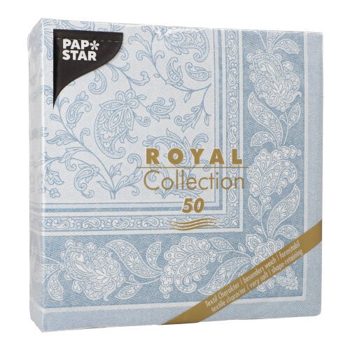 Un paquet carré de PAPSTAR GmbH 50 serviettes "ROYAL Collection" pli 1/4 40 x 40 cm bleu, avec un motif paisley bleu clair et blanc, des écritures dorées et une étiquette pour des serviettes en papier luxueuses.