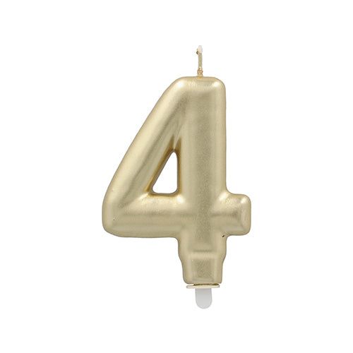 Die PAPSTAR GmbH Zahlenkerze mit Halter 7 cm "gold" ist eine gold-metallische Zahlenkerze (4) mit weißem Docht und Kunststoffsockel, abgebildet auf einem schlichten weißen Hintergrund.