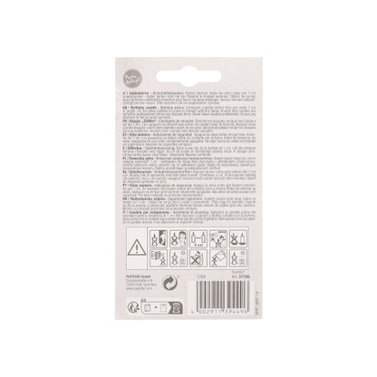 Rückseite einer PAPSTAR Zahlenkerze mit Halter 7 cm "Gold"-Verpackung der PAPSTAR GmbH mit mehrsprachiger Anleitung, Warnsymbolen, Recycling-Informationen, Barcode und Markenlogos. Die weiße, schwarze und graue Verpackung passt zu jeder Geburtstagstorten-Dekoration.