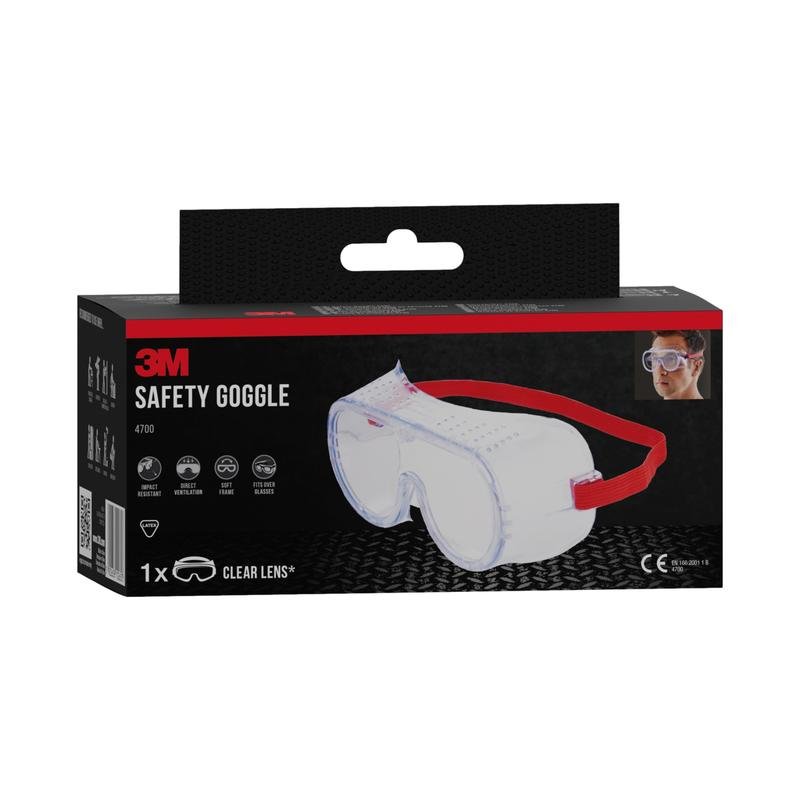 Une boîte noir et rouge des lunettes de protection 3M™ Classic 4700 de 3M Deutschland GmbH montre des lunettes transparentes avec une bande rouge et une petite image montrant la lentille transparente directement ventilée en action.