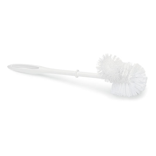 Eine Nölle Profi Brush WC-Bürste mit Randreiniger (38 cm, PP-Borste) von Nölle Profi Brush Bürsten- & Pinseltechnik e.K. mit weißem Langstiel, großem und kleinem Doppelrundkopf liegt auf weißem Grund.