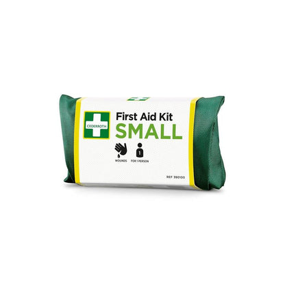 Le kit de premiers secours Orkla Wound Care AB SMALL | Emballage (1 pièce) est un kit de premiers secours compact vert-blanc pour les plaies et l'usage individuel, avec des symboles de main et de personne sur l'emballage.