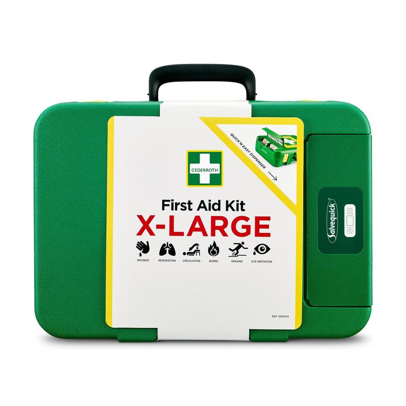 Ein grüner Hartschalen Erste-Hilfe-Kasten X-LARGE von Orkla Wound Care AB, mit Symbolen für Wunden, Atmung, Kreislauf, Verbrennungen, Verstauchungen und Augenschutz - ideal für verschiedenste Notfälle. Packung (1 Stück).