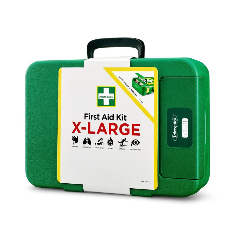 Ein großer grüner Kunststoff Orkla Wound Care AB Erste-Hilfe-Kasten X-LARGE | Packung (1 Stück) mit schwarzem Griff, beschriftet mit "First Aid Kit X-Large" und Symbolen für Atmung, Wiederbelebung, Kreislauf, Verstauchungen und Augeninfektion - ideal für Notfälle.