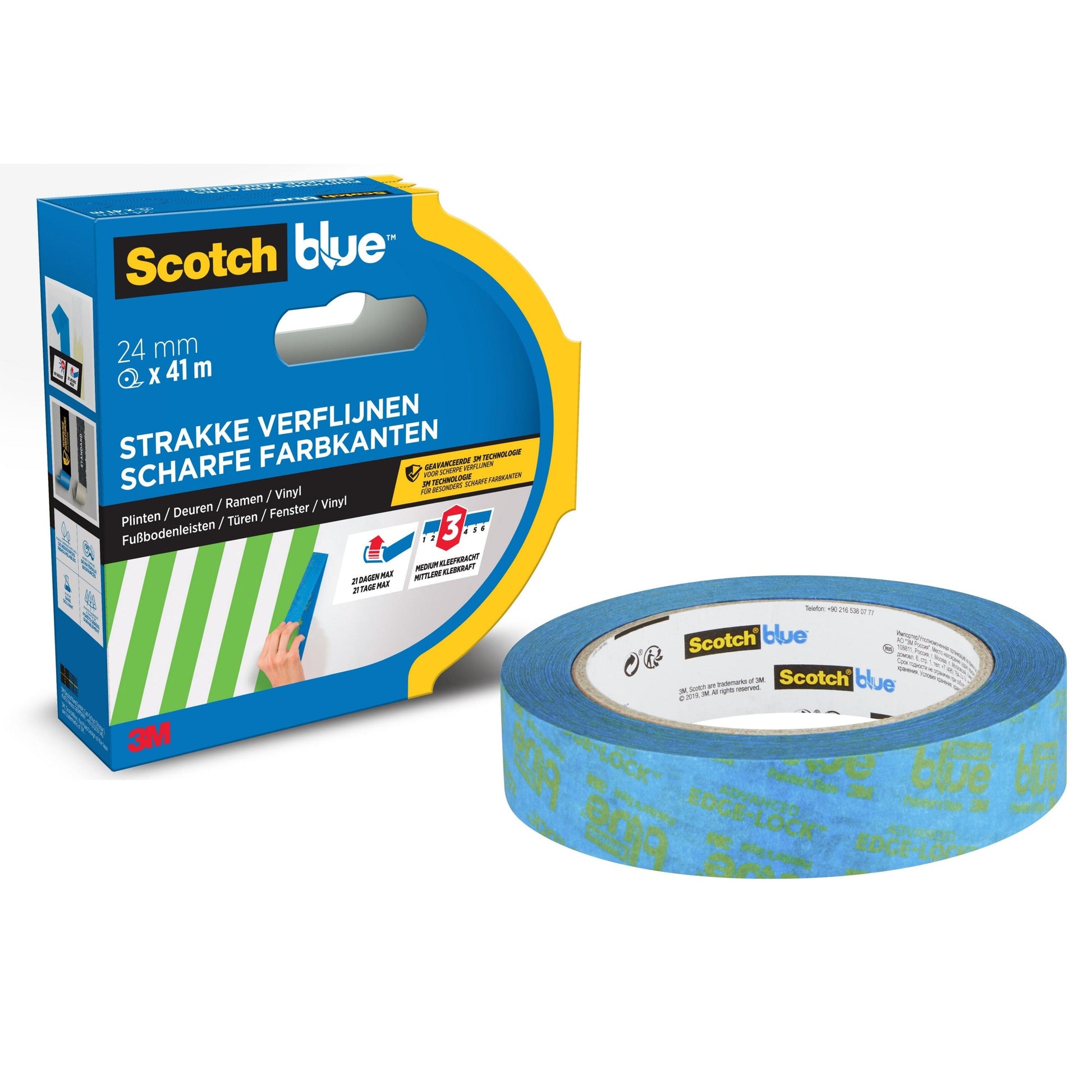 Eine Rolle ScotchBlue™ Malerabdeckband für scharfe Linien von 3M Deutschland GmbH (24 mm x 41 m) liegt neben der mehrsprachigen Verpackung, die seine Fähigkeit, scharfe Farblinien zu erzeugen, hervorhebt.