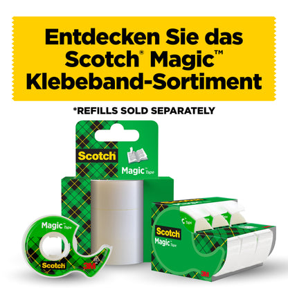 Eine deutsche Anzeige der 3M Deutschland GmbH zeigt Scotch® Magic™ Unsichtbares Klebeband, Nachfüllpackung 2 Rollen (19 mm x 7,5 m). Der Text lautet: "Entdecken Sie das Scotch Magic Klebeband-Sortiment", mit dem Hinweis auf verfügbare Nachfüllpackungen.