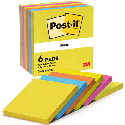 Ein Sechserpack Post-it® Notes 76x76 mm aus der Energetic Collection der 3M Deutschland GmbH mit je 100 PEFC-zertifizierten Blättern (insgesamt 600), farblich sortiert.