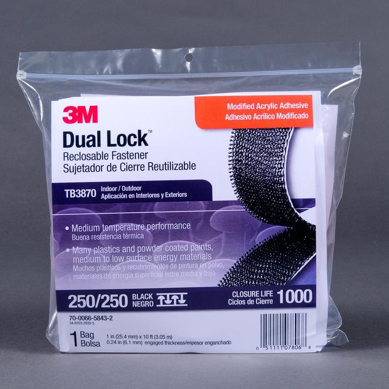 3M™ Dual Lock™ TB3870, Schwarz, 25 mm x 3 m, 6.1 mm, 40 Köpfe/cm2, Aussenbreich | Beutel (1 Stück)
