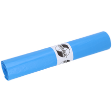 Eine Rolle EMIL DEISS KG (GmbH + Co.) DEISS 40009 Müllbeutel, 700x700x0,02 mm blau (50 Stück), zeigt ein weißes "UNIVERSAL"-Etikett mit kreisförmigem Logo auf einfarbig weißem Hintergrund.