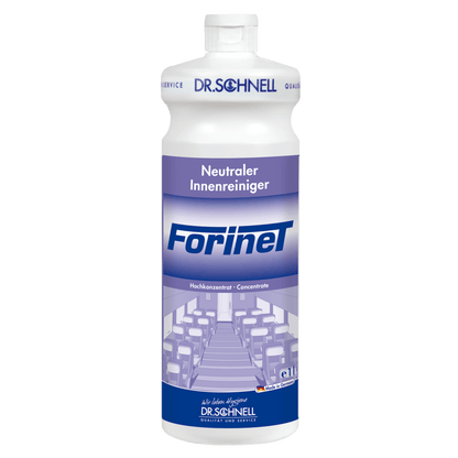 Une bouteille blanche Dr. Schnell de nettoyant d'intérieur de véhicule FORINET de DR.SCHNELL GmbH & Co. KGaA, avec une étiquette bleu-blanc montrant un intérieur, idéale pour le nettoyage des intérieurs de voitures et l'élimination de la saleté tenace.