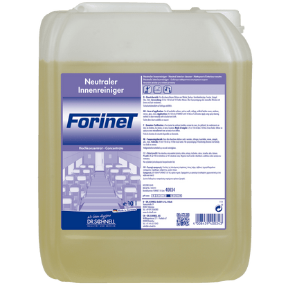 Un conteneur en plastique de 10 litres du Dr. Schnell nettoyant d'intérieur de véhicule FORINET de DR.SCHNELL GmbH & Co. KGaA, avec un couvercle blanc et une grande étiquette avec des instructions d'utilisation, des symboles et des images pour un nettoyage intérieur de véhicule efficace.