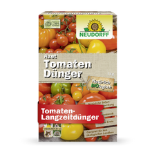 Eine rechteckige Schachtel Azet TomatenDünger von Neudorff Shop mit Tomatenbildern, Branding und deutschem Text unterstreicht die organische Formel für langfristige Düngung und reiche Tomatenernte.