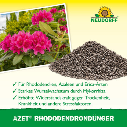 Une pile d'engrais Azet Rhododendron de Neudorff Shop se trouve à côté d'un rhododendron rose en fleurs. Le texte en dessous décrit les avantages pour les rhododendrons, les azalées et les ericas. En haut, le logo Neudorff est visible.