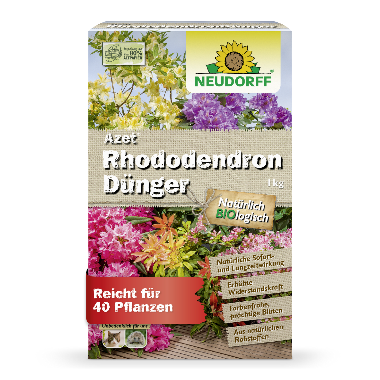 Une boîte rectangulaire de 1 kg d'engrais Azet Rhododendron de Neudorff Shop est ornée de fleurs en fleurs, d'informations sur le produit en allemand et d'un logo Neudorff vert et jaune, ce qui la rend idéale pour les rhododendrons et les azalées.