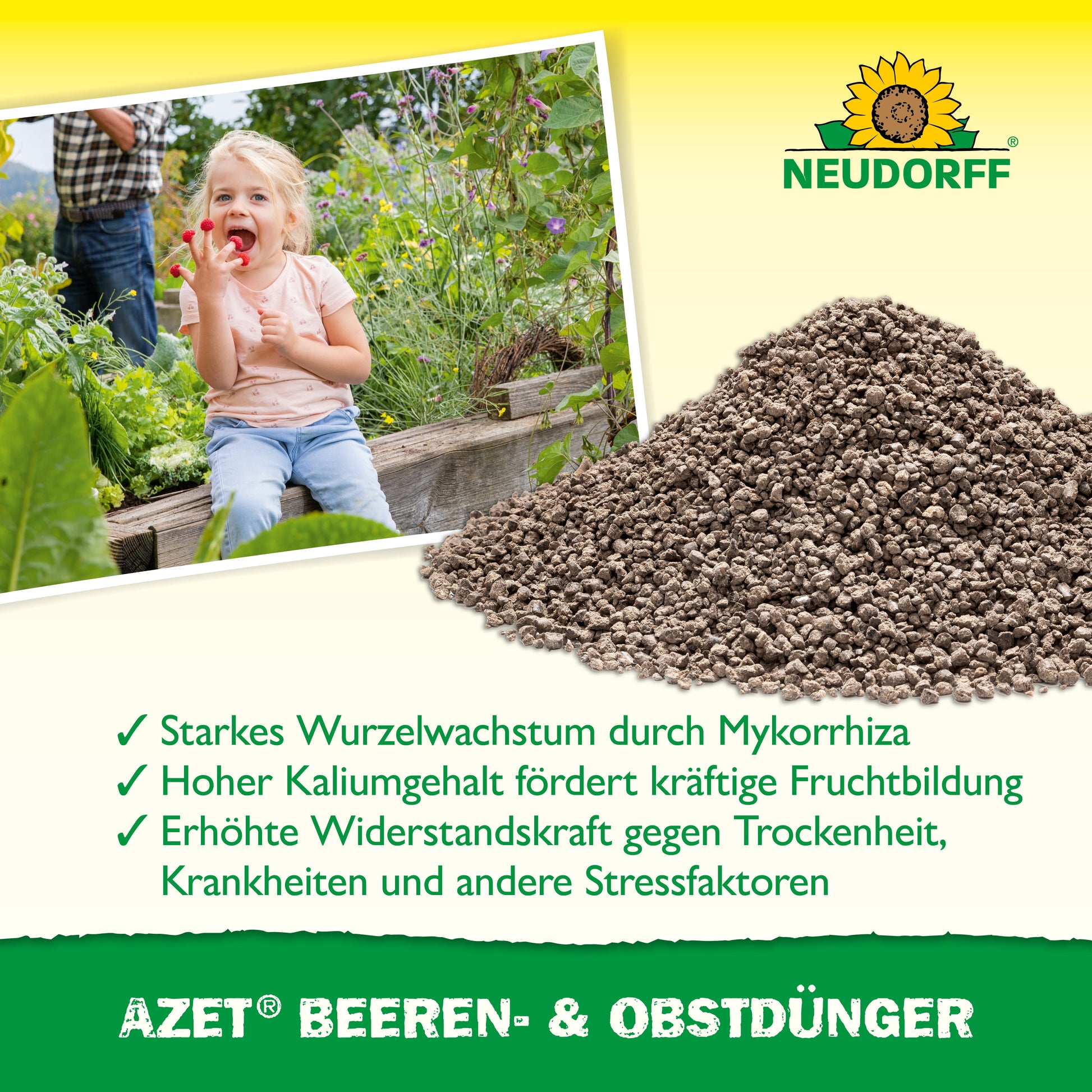 Ein Mädchen sitzt im Gras, isst eine Erdbeere und hält eine Obstschale in der Hand. Neben ihr steht der Azet Beeren- & ObstDünger von Neudorff Shop, der das Wurzelwachstum, die Fruchtentwicklung und die Stressresistenz von Obststräuchern fördert.