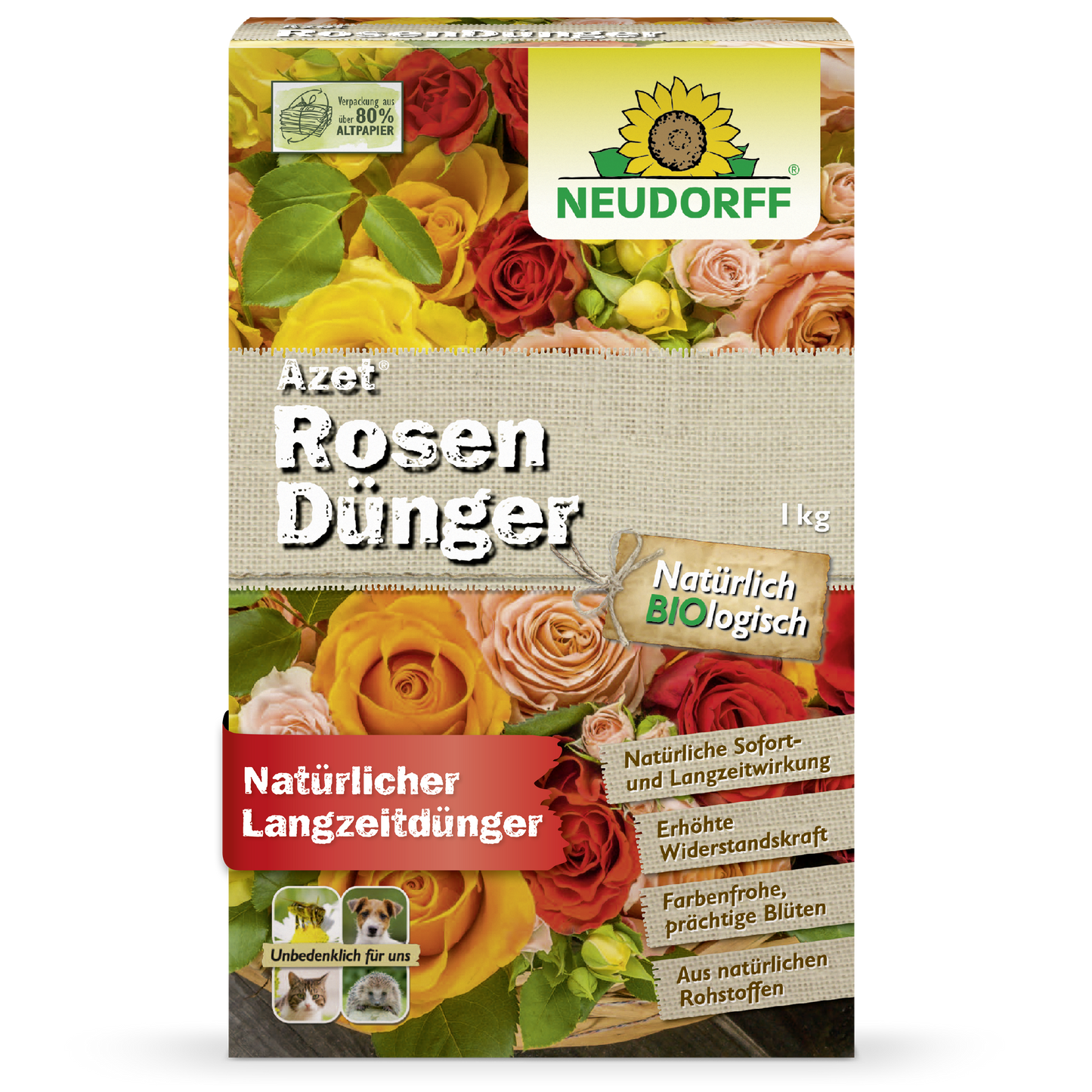 Vorderansicht einer 1 kg-Packung Neudorff Shop Azet RosenDünger, einem organischen Rosendünger. Die Verpackung zeigt blühende Rosen und wirbt mit Vorteilen wie erhöhter Widerstandsfähigkeit und leuchtenden Blüten.