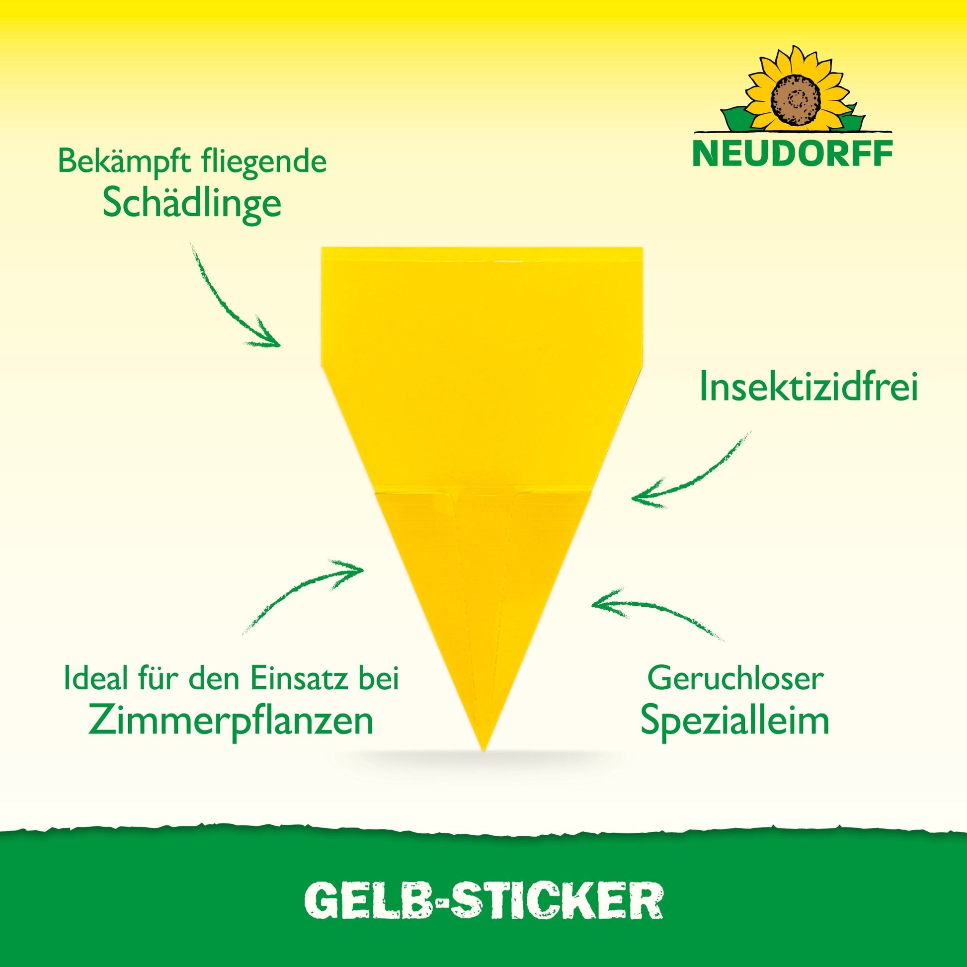 Un Gelb-Sticker jaune et triangulaire de Neudorff Shop, sans insecticide et inodore, combat efficacement les nuisibles volants comme les mouches des terreaux sur les plantes d'intérieur. En haut, le logo Neudorff est représenté.