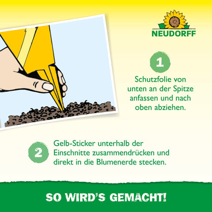 Une main pèle le film du sommet d'un Gelb-Aufkleber jaune de Neudorff Shop au-dessus de la terre et montre un guide étape par étape pour presser les fentes et insérer dans le terreau pour combattre les mouches des terreaux sur les plantes d'intérieur. Le logo Neudorff est visible.