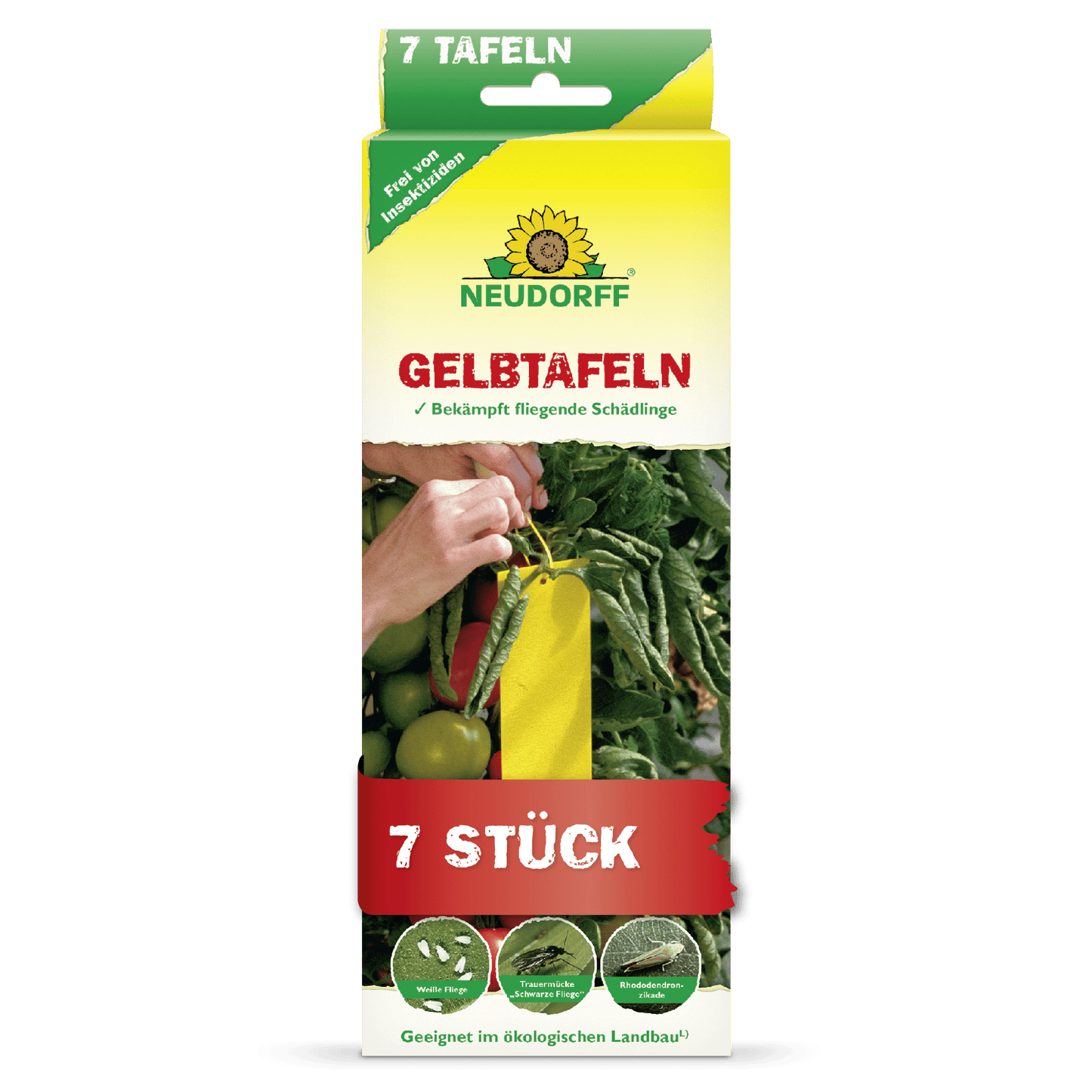 Une boîte rectangulaire jaune-verte avec l'inscription "Neudorff Shop Plaques Jaunes (format réduit)" et une image de pièges collants jaunes entre des plants de tomates. Combat les nuisibles volants comme les moucherons et les mouches blanches. Contient 7 pièces.