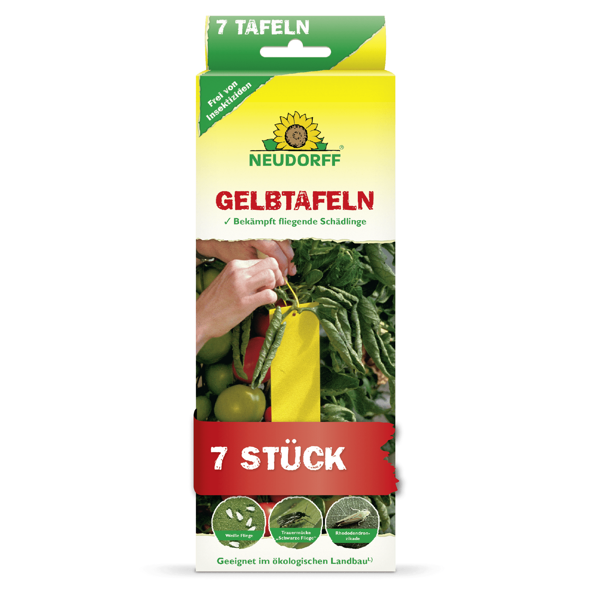 Une boîte rectangulaire jaune-verte avec l'inscription "Neudorff Shop Plaques Jaunes (format réduit)" et une image de pièges collants jaunes entre des plants de tomates. Combat les nuisibles volants comme les moucherons et les mouches blanches. Contient 7 pièces.