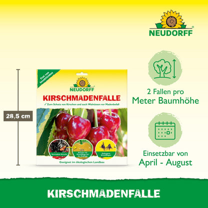 L'emballage du piège à cerises de Neudorff Shop montre des cerises et le piège - parfait pour protéger votre récolte de cerises contre les mouches des fruits. Utilisez 2 pièges par mètre de hauteur d'arbre d'avril à août. Hauteur de l'emballage : 28,5 cm.