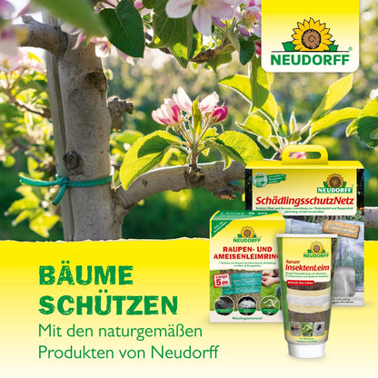Une branche attachée avec une ficelle verte sous des fleurs, des cerises mûrissantes ; au premier plan le piège à cerises de Neudorff Shop pour une protection naturelle des cerises et au-dessus le logo ; le texte allemand souligne l'entretien des arbres et la récolte des cerises.