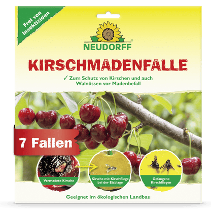 Le devant d'un piège à cerises Neudorff Shop montre des cerises mûres, des gros plans de dommages causés par la mouche de la cerise, des asticots et des mouches capturés. Le texte souligne l'aptitude pour la récolte de cerises bio et que l'emballage contient 7 pièges.