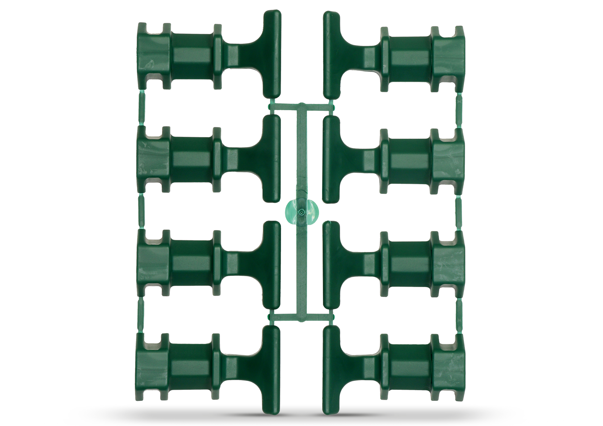 Ein grüner Kunststoffanguss enthält zehn identische Neudorff DuoTherm Komposterklammern in zwei Säulen, die durch einen zentralen Rahmen verbunden sind, dargestellt auf weißem Hintergrund - perfekte Ersatzteile für Ihren Thermokomposter aus dem Neudorff Shop.