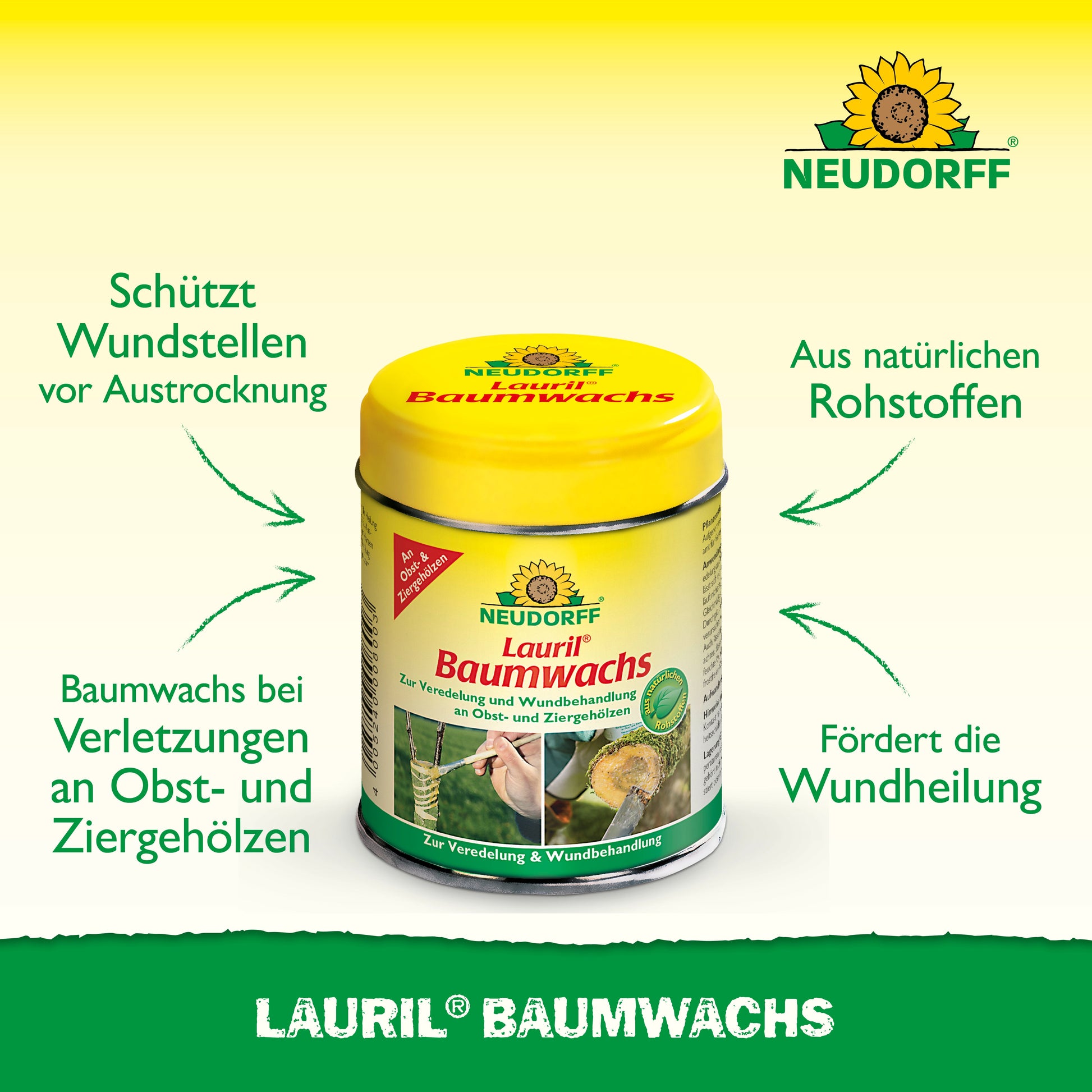 Abgebildet ist ein gelb-grüner "Lauril Baumwachs"-Behälter von Neudorff Shop. Dieses Pflanzenwachs schützt und heilt Obstbäume. Der deutsche Text hebt die natürlichen Inhaltsstoffe hervor.